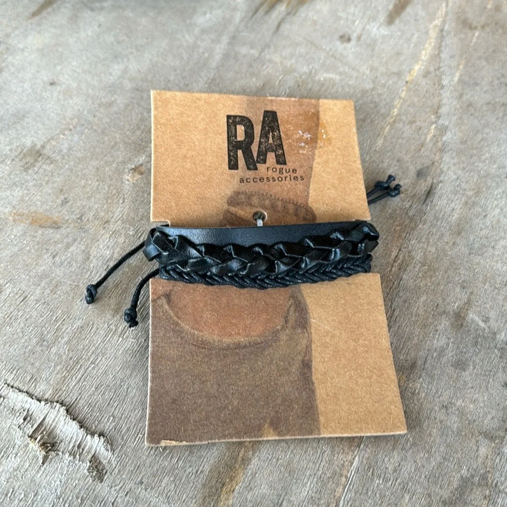 RA Rogue Accessories Braided Leather/Cord 2-Piece Men’s Bracelet Set‎ NWT